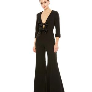 Mac Duggal Black Bow Jumpsuit – Chic V-Neck & Flared Legs NWT